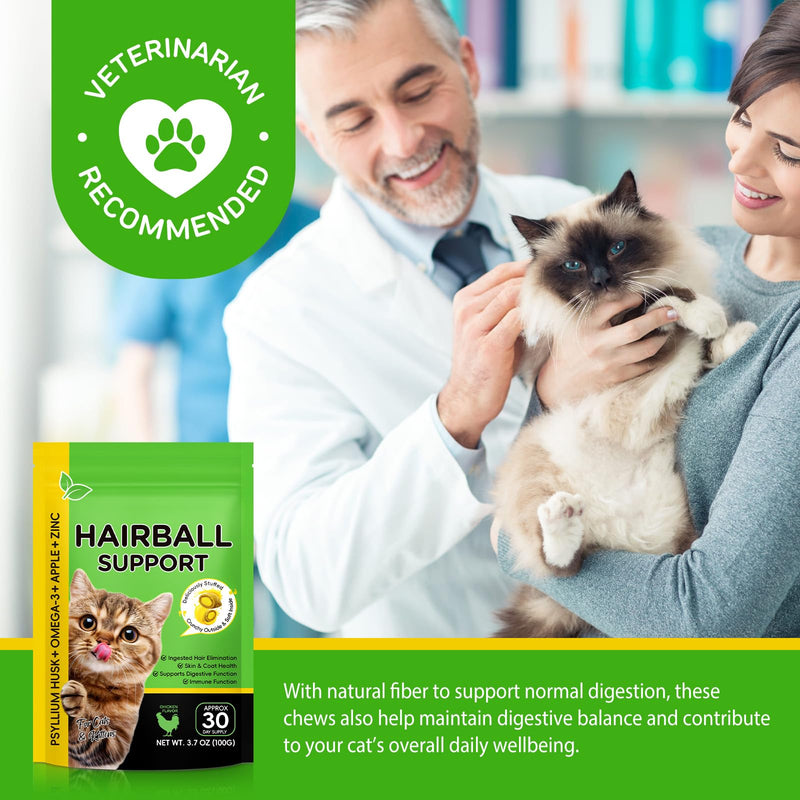 Hairball Treatment for Cats, Hairball Remedy Treats Chews, Cat Furball Treatment, Prevent Hairballs for Indoor Cats, Supports Skin & Coat, Vitamins for Digestion, Chicken Flavor (30 Day Supply) 30-Day Supply