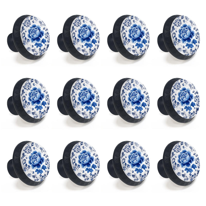 12 Pack Blue Peony Flower Cabinet Knobs for Kitchen Bathroom | Floral Drawer Pulls Round Black Dresser Handles Hardware for Desk Cupboard Wardrobe Closet Vanity Door Decor