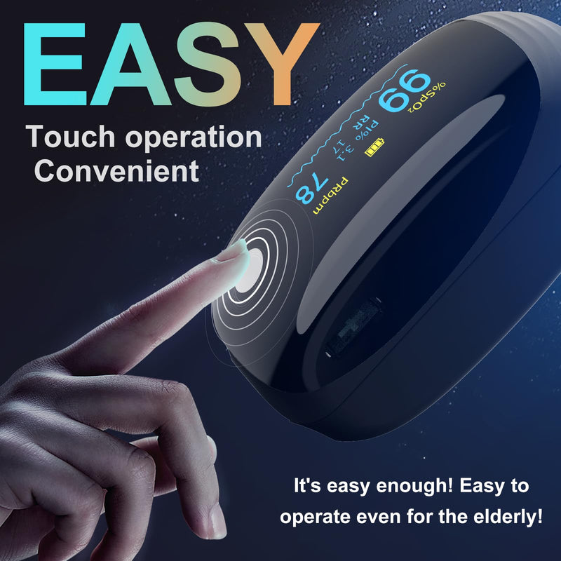 Fingertip Pulse Oximeter with Respiration Rate & Respiratory Monitoring SpO2, Heart Rate, PI & RR Measurements, Blood oximeter Rechargeable 6 Display Modes & 4-Way Rotatable Screen for Home & Sports Use（Black）