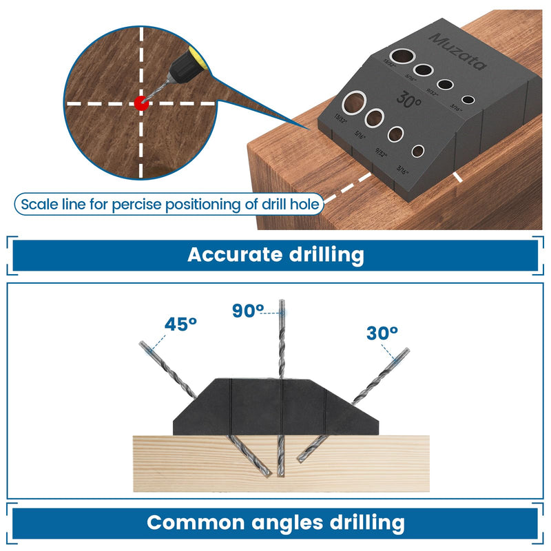 Muzata Upgraded Multi Angle Cable Railing Drill Guide Jig Fit 30 45 90 Degree Portable Drilling Template 4 Sizes for Horizontal and Angle Hole for Wood Post Lag Screw Cable Railing Kit Tool CT24