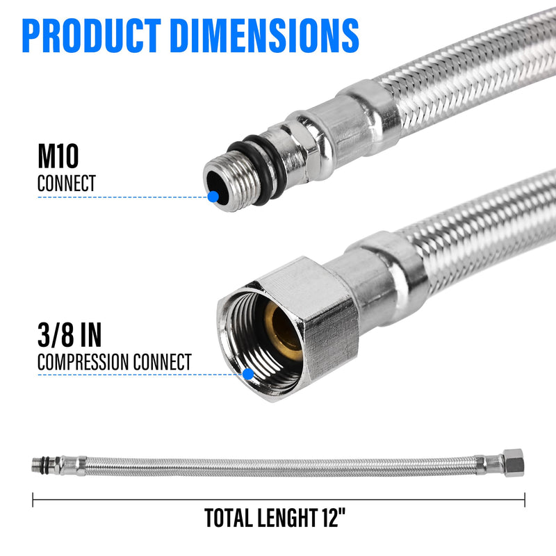 4 Pcs Bathroom Faucet Hose Connector Braided Supply Hose 3/8-Inch Female Compression x M10 Male Connector 304 Stainless Steel Kitchen Sink Faucet Connection (12 inch) 12 Inch