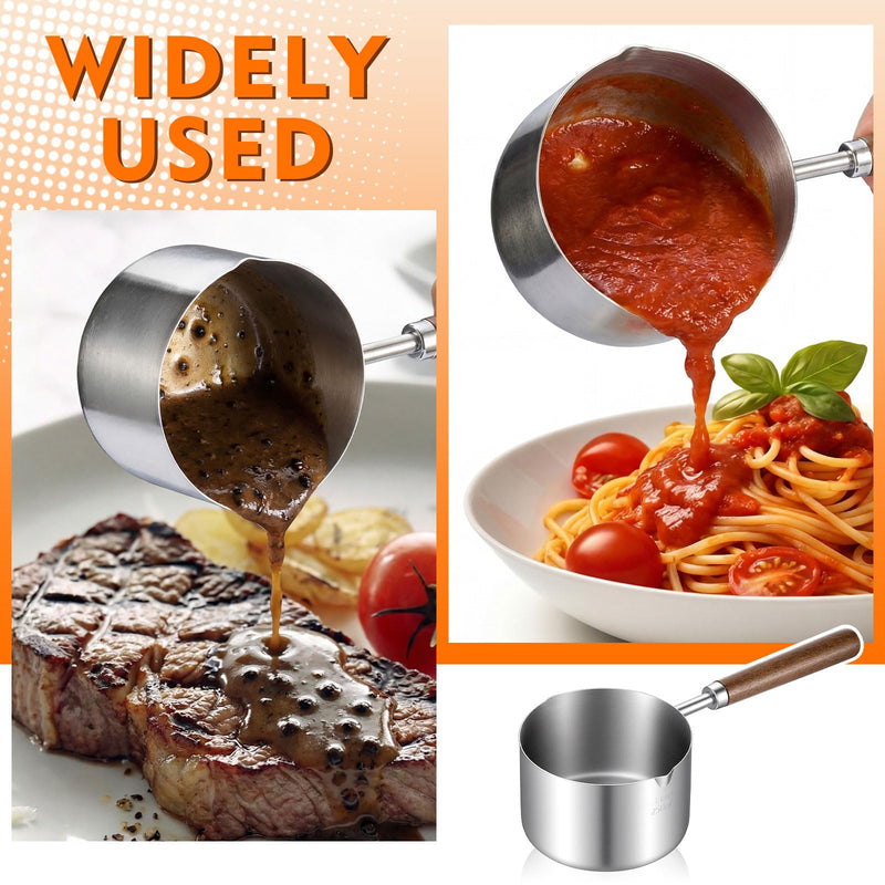 LemonRoad 4Pcs Stainless Steel Mini Butter Warmer, 8.5oz/ 250ml Mini Sauce Pan Pot, Coffee Milk Warmer Heater, Small Coffee Sauce Pot for Keeping Seafood Butter Warm, Dual Spouts and Solid Wood Handle 4