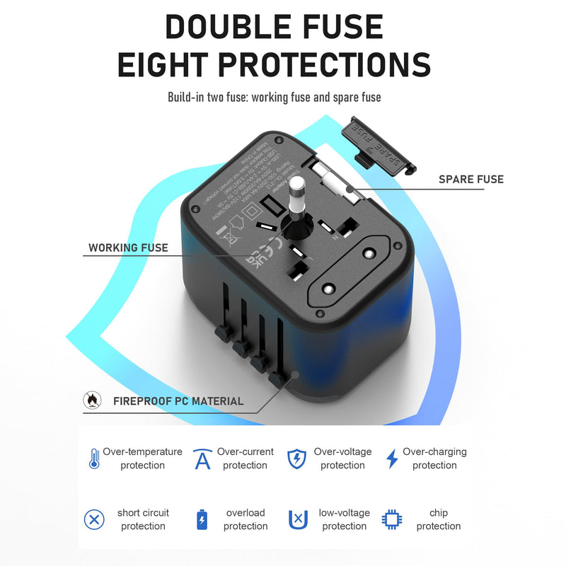 Universal International Power Travel Plug Adapter, 5 in 1 European Travel Plug Adapter W/ 3.5A 2xUSB-A and 2xUSB C Wall Charger and Worldwide AC Outlet for Europe USA UK AUS Asia (Black Grey) Regular Black Grey