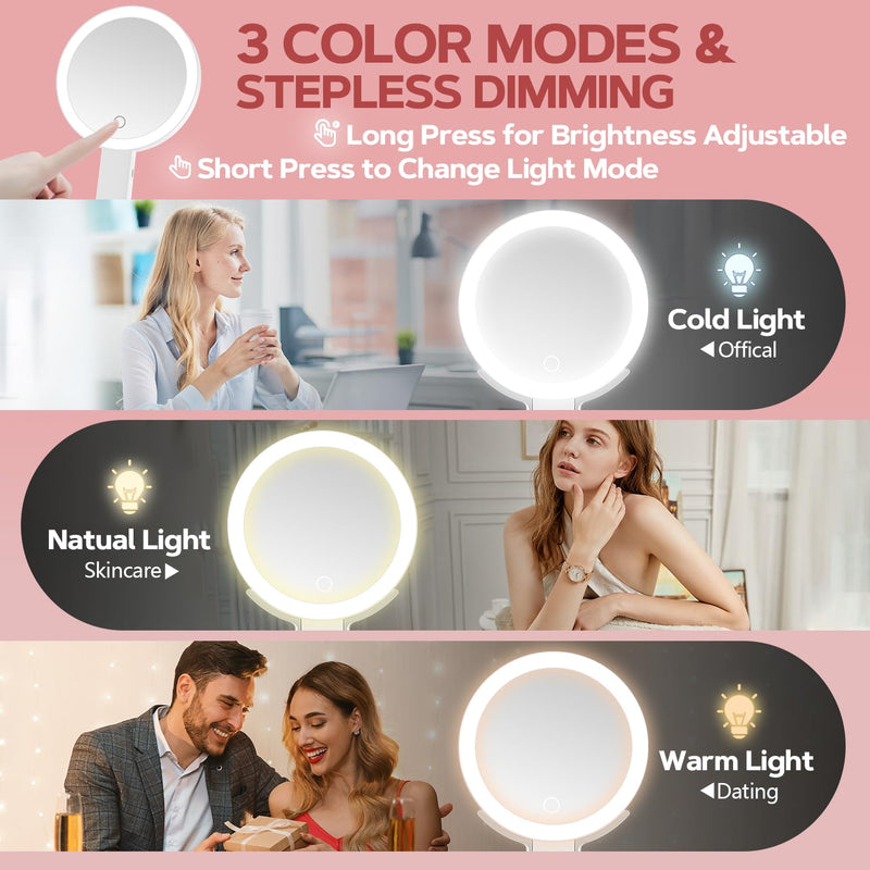 MIYADIVA Lighted Makeup Mirror, 30X Magnifying Mirror with Light and Adjustable Brightness, Hanging and Handheld Mirror with Handle, Portable Travel Makeup Mirror with Lights, Vanity Mirrors for Women White