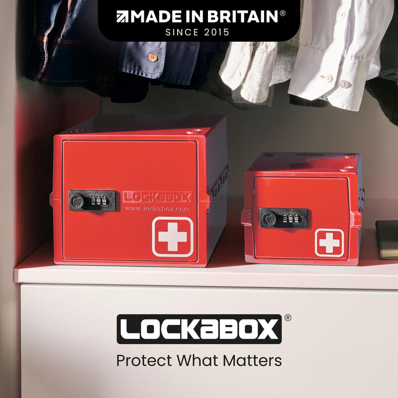 Lockabox Mini™ | Small Medicine Lock Box with Combination Lock (Half Letter Sized) | Mini Medical Lockable Box For Tablets, Creams & Medical Pens | External Size 8.8 x 6.1 x 4.7 Inches (Medi Red) Medi Red
