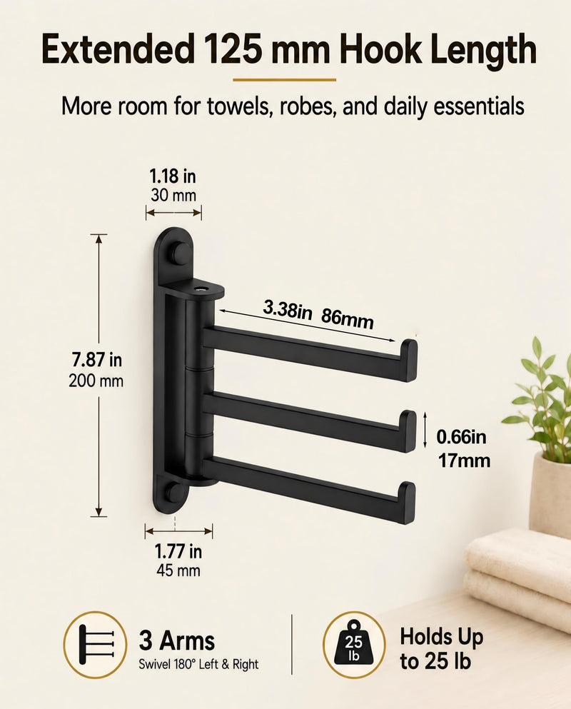 3 Arm Swivel Towel Hook, SUS 304 Stainless Steel Wall Mount, Oil Rubbed Finish, Contemporary Style (Matte Black) Matte Black