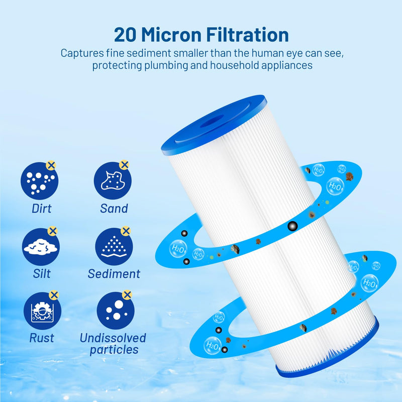 20 Micron 10" x 4.5" Pleated Sediment Well Water Filter Cartridge, 3 Pack 20 Micron