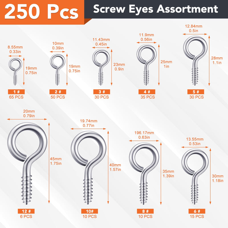 250 Pcs Eye Screws 0.75"-1.75" Eye Hook Screws Silver Nickel Plated Screw Hooks for Hanging 9 Size Self Tapping Screws Eyelet Screws for Christmas Ornaments Decoration
