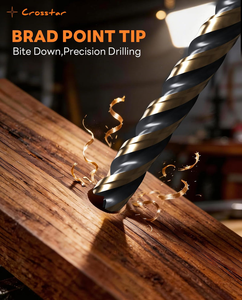 Crosstar 12Pcs HSS Brad Point Drill Bit Set with Three Flutes Design for Carpenter Woodworking，Centered Design Prevents Drill Bit Chatter, Suitable for Hardwood, Plywood, Plastic