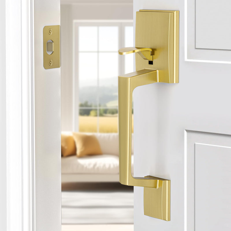 Front Door Handle Set, Front Entry Handleset with Glass Knob No Lock, Exterior Gold Door Handle for Right& Left Handed Doors, Zinc Alloy, Satin Brass Crystal Knob(No Lock)
