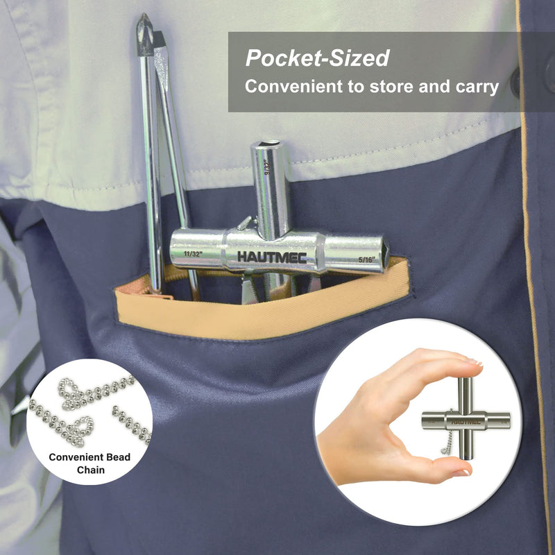 HAUTMEC 4 Way Sillcock Water Key，1/4", 9/32", 5/16", 11/32" Steel Multi-Function Utility Key for Sillcocks Faucets Valves Spigots PL0028 1 Pack Silver