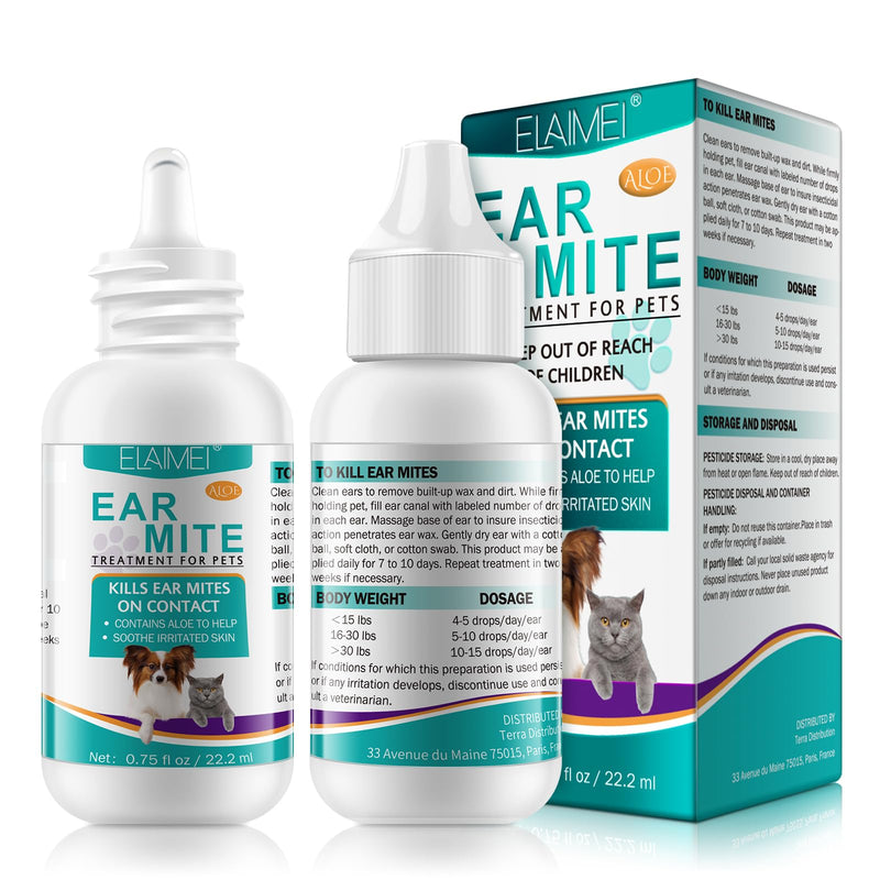 Ear Mite Treatment for Dogs and Cats, Dog Ear Infection Treatment, Cat Ear Mite Treatment, Ear Mite Drops Sooths Ears with Aloe, Natural Ear Drops for Dogs, 0.75 Fl Oz