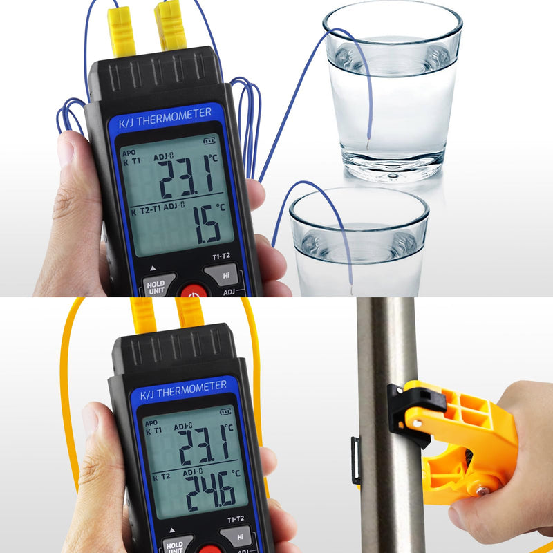 Dual-Channel Digital K J Type Thermocouple Thermometer Pipe Clamp Thermometer, -328°F~2501°F Measuring Range HVAC Temperature Meter with 2 Type K Pipe Clamps & 2 Thermocouples, Alarm, ADJ Compensation