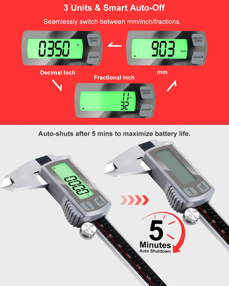 GODESON 6" Digital Caliper, USB-C Rechargeable Electronic Caliper, 0–150mm Stainless Steel, 0.02mm Accuracy, Backlit LCD, TouchButton,Inch/MM/Fraction, Measuring Tool for Woodworking, DIY