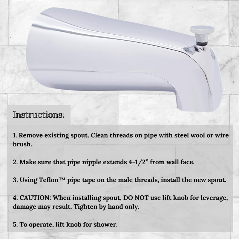 Westbrass A311-26 5-1/2" Reach Brass Wall Mount Tub Spout with Nose Diverter, Polished Chrome