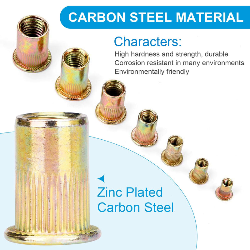 Rivet Nuts, 100 Pieces 1/4"-20, Rivet Nut, Carbon Steel Flat Head Rivnut Threaded Insert Nut, Knurled Body 100PCS-1/4"