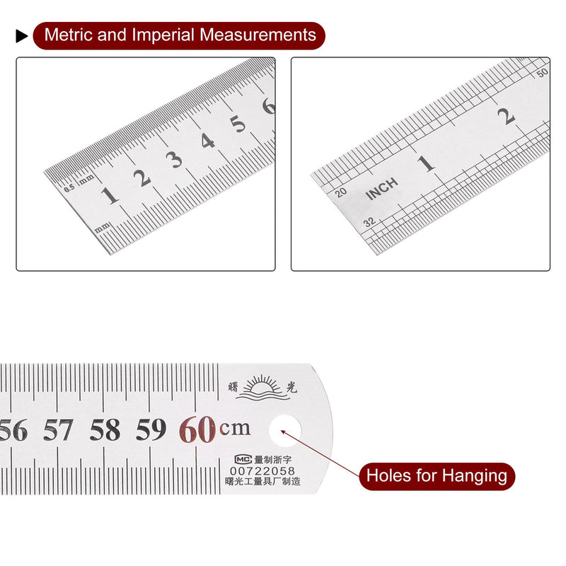 HARFINGTON 2 in 1 Stainless Steel Ruler with Scriber Block 60cm/24 Metric and Inch Metal Ruler with 30mm Length Brass Locating Vernier Slider for Woodworking DIY Measuring, Gold Tone 60cmx29mmx0.9mm