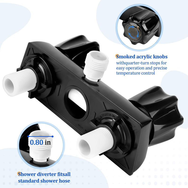 RV Shower Faucet Camper Shower Faucet Replacement, 4” Shower Valve Diverter Assembly with Dual Smoked Acrylic Knobs for Outside and Inside Bathroom, Black