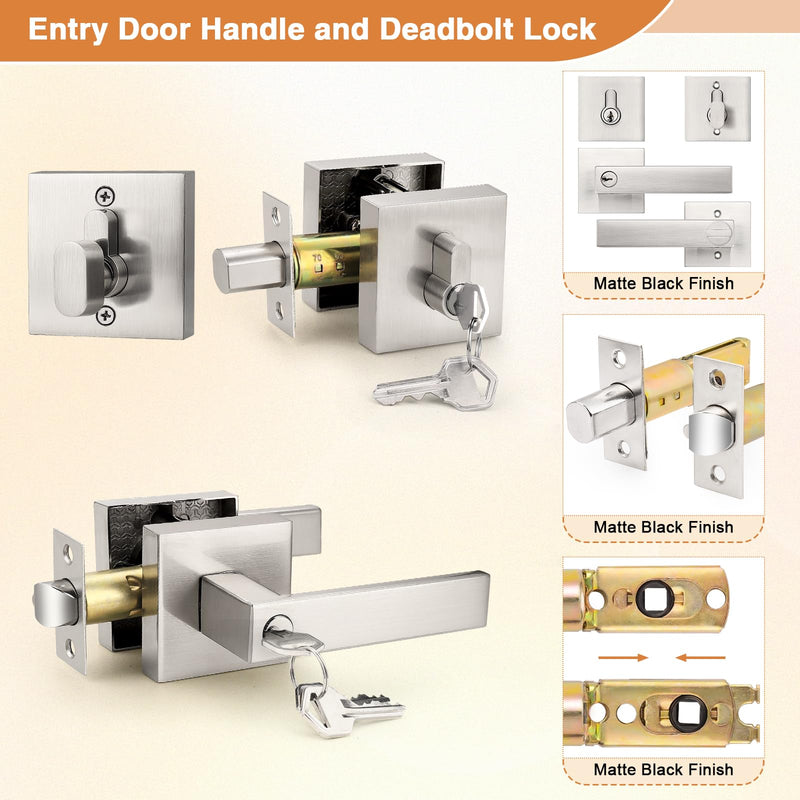 Probrico Square Entrance Lever with Single Cylinder Deadbolt Set Keyed Alike Combo Pack(for Office and Front Door), Heavy Duty Satin Nickel Entry Door Lockset for Right and Left Side, 1 Pack Brushed Nickel
