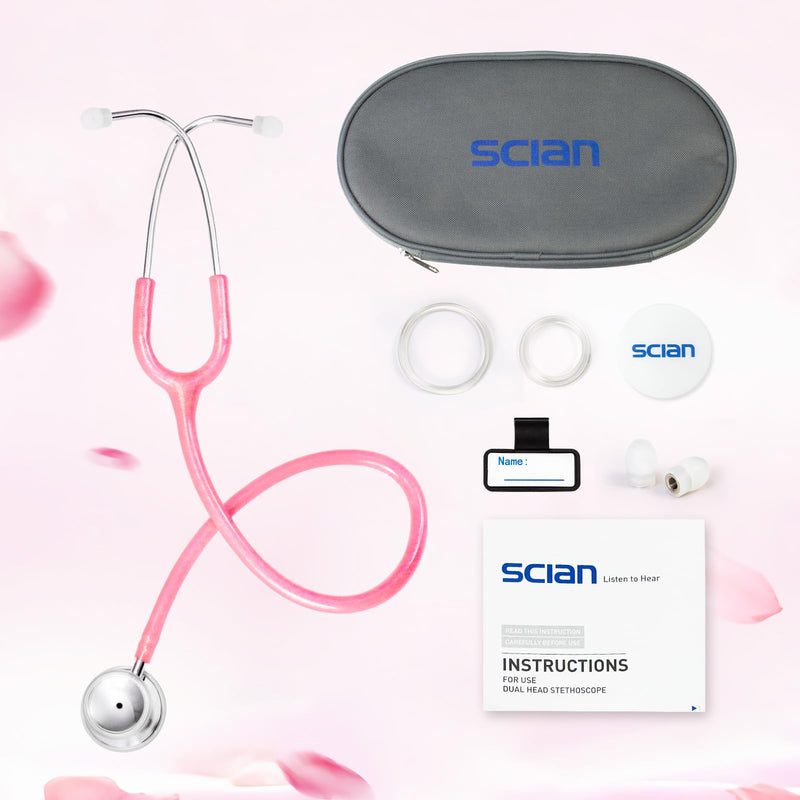 SCIAN Dual Head Stethoscope for Nurses, Kids, Adults, Classic Stainless Steel Stethoscope Kit Medical Supplies with Free Accessories and Carrying Case, Pearlescent Pink Tube
