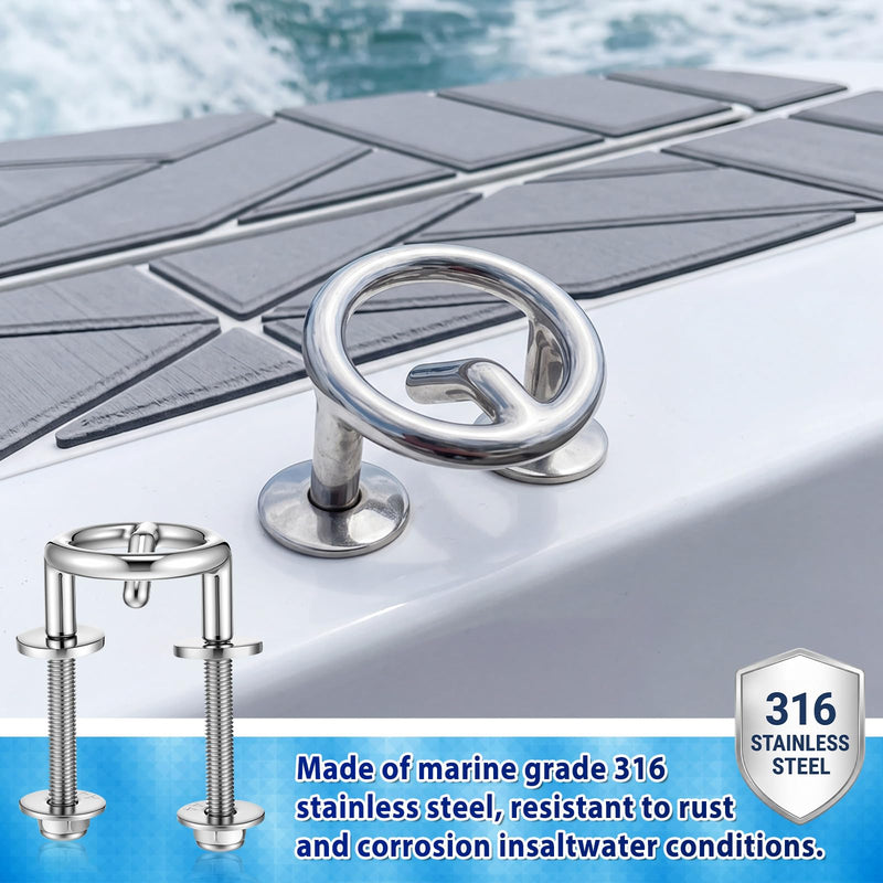 2 Pack Transom Mount Ski Tow Hooks 316 Stainless Steel Marine Grade Corrosion Resistant for Water Boats Kayaking Surfing Jetski Yachts Sport Hardware Accessories, 2.36 Inches Ring Diameter
