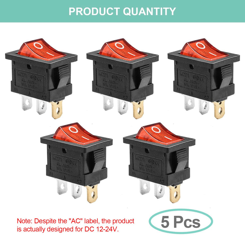 QTEATAK KCD1 SPST On/Off 3-Pin 2-Position Snap DC 12V-24V 20A Red LED Boat Rocker Toggle Switch - 5Pack (Only for DC12-24V)