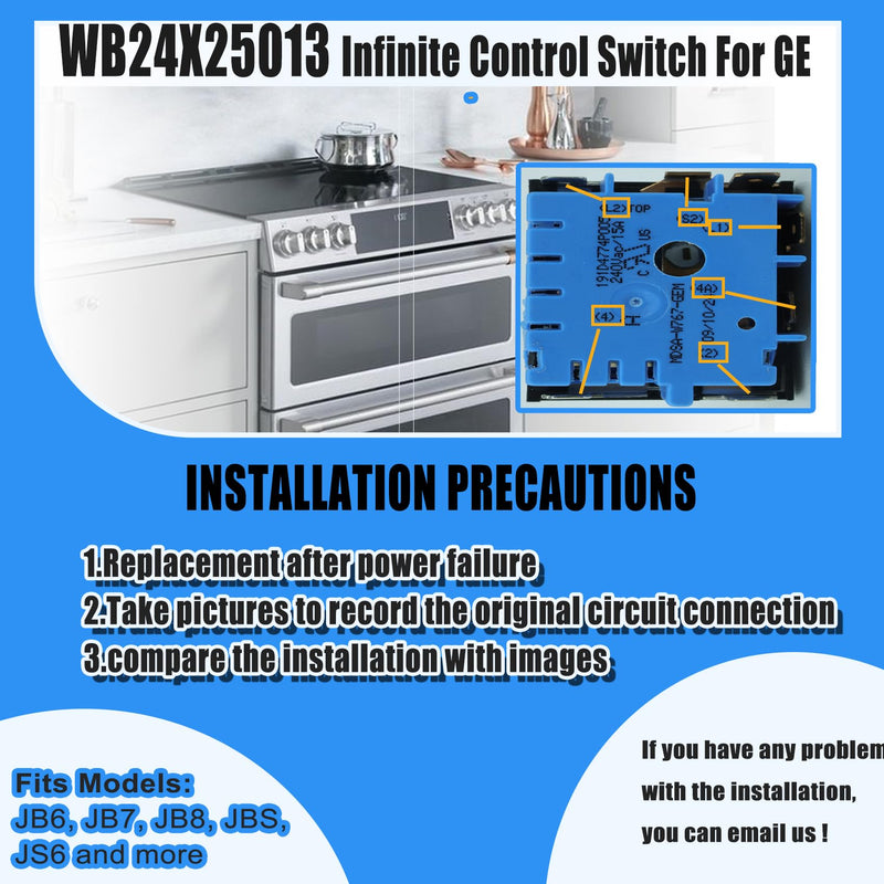 WB24X25013 Electric Range Infinite Control Switch Replace for GE Switch WB24X25013 Surface Element Control Switch, for 191d4774p005 Switch,Ap5999509,4464832,PS11729102,Suitable for GE Appliances