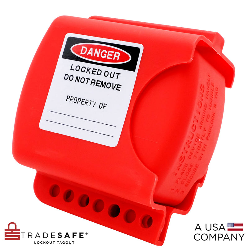 TRADESAFE Adjustable Flanged Ball Valve Device - Red Lockout Tagout Valve Lock for 2 inch to 4-1/2 inch Flange Ball Valve, Adjustable Gas, Oil, or Water Valve Lock, Premium Grade Polypropylene