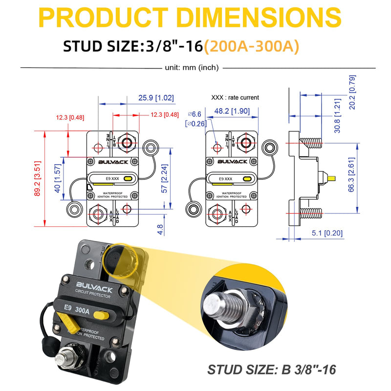 E9 3/8" Studs 300 Amp Circuit Breaker with Manual Reset for Automotive Boat ATV Vehicles Stereo Car Audio | 12V - 48V DC | Waterproof IP67 Switchable Hi-Amp 300A - Extended Surface Mount
