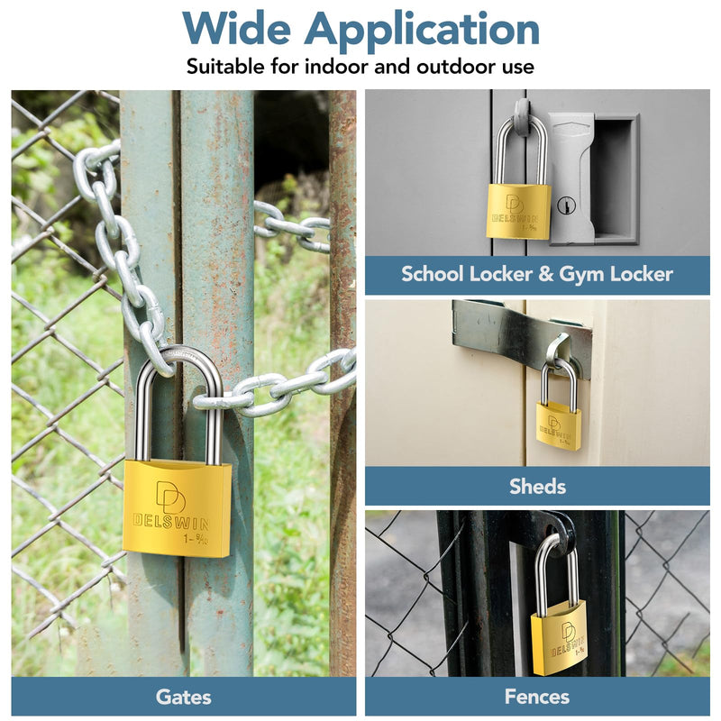 DELSWIN Weatherproof Padlock with Key - Heavy Duty Gym Locker Lock with 1-9/16" Solid Brass Lock Body, Hardened Steel Shackle, Marine Grade Pad Lock for Outdoor Gate, Fence, Shed (Keyed Alike, 2 Pack) 2Pcs Keyed Alike