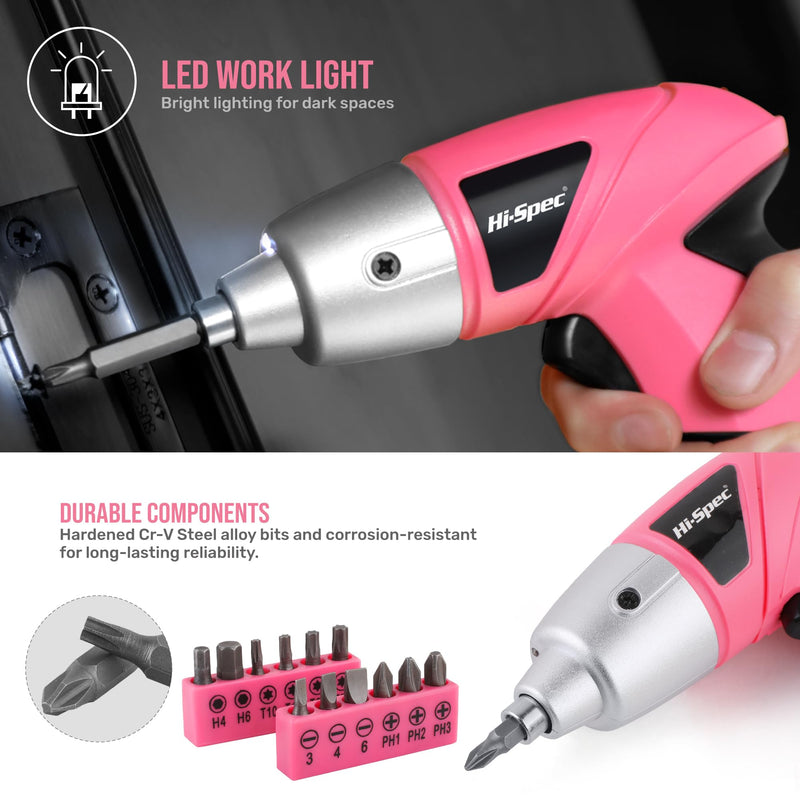 Hi-Spec 3.6V Cordless Electric Screwdriver and Tool Kit for DIY, Pink Light Pink