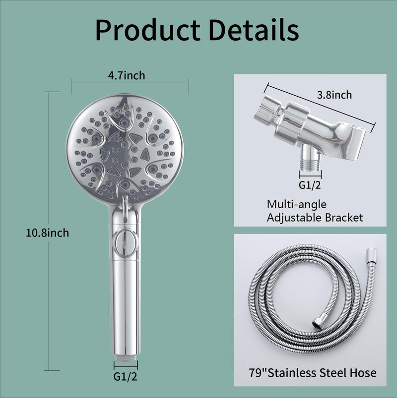 Handheld Shower Heads with ON OFF Switch,Extra Long 79-inch Hose 8 Spray Settings High Pressure Detachable Showerhead,Built-in Power Sprayer to Clean Pets, Adjustable Angle Bracket,Silver