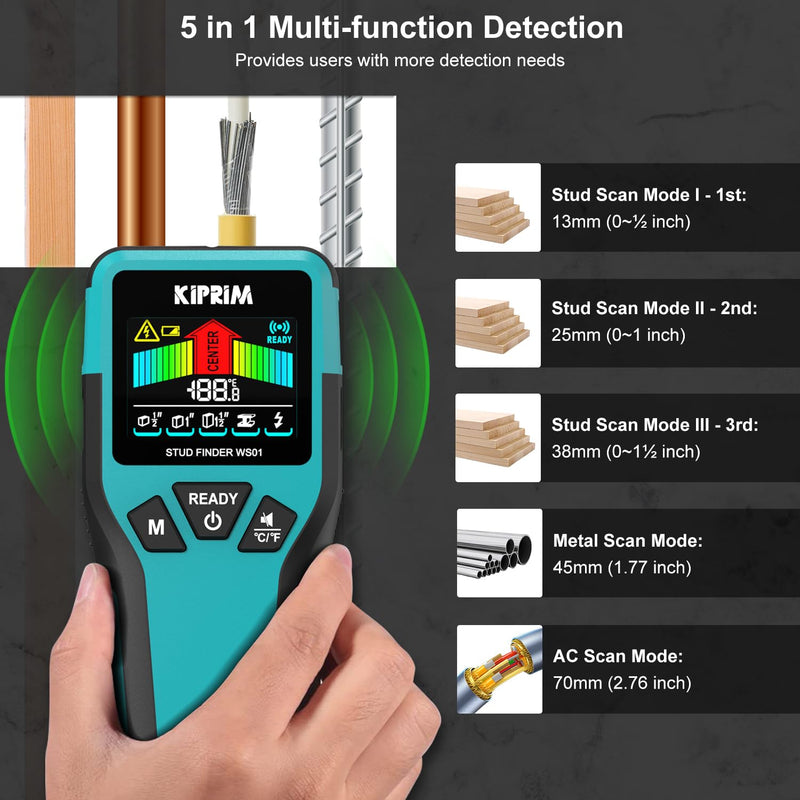 Kiprim Stud Finder Wall Scanner with LCD Display, 5-in-1 Electronic Stud Sensor for Wood, Metal, AC Live Wire Detection, 3 Depth Modes, Beep Warning, Wall Detector Tool WS01