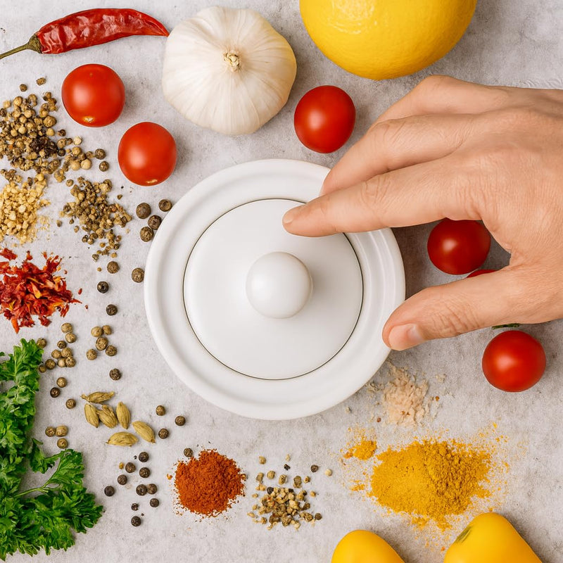 HIC Kitchen Flying Saucer Mortar and Pestle, Fine Porcelain, 4-Inch, Wide Pestle Herb Spice Grinder and Pill Crusher