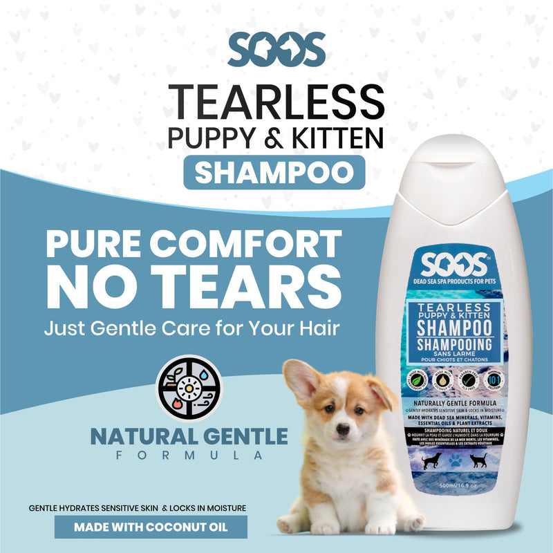Soos Pet Tear-Less Shampoo for Puppies and Kittens | Natural Dead Sea Minerals | Fast Absorbing, Moisturizing, Gentle Skin Care | Vitamins & Essential Oils for Sensitive Skin - 500ml - PawsPlanet Australia