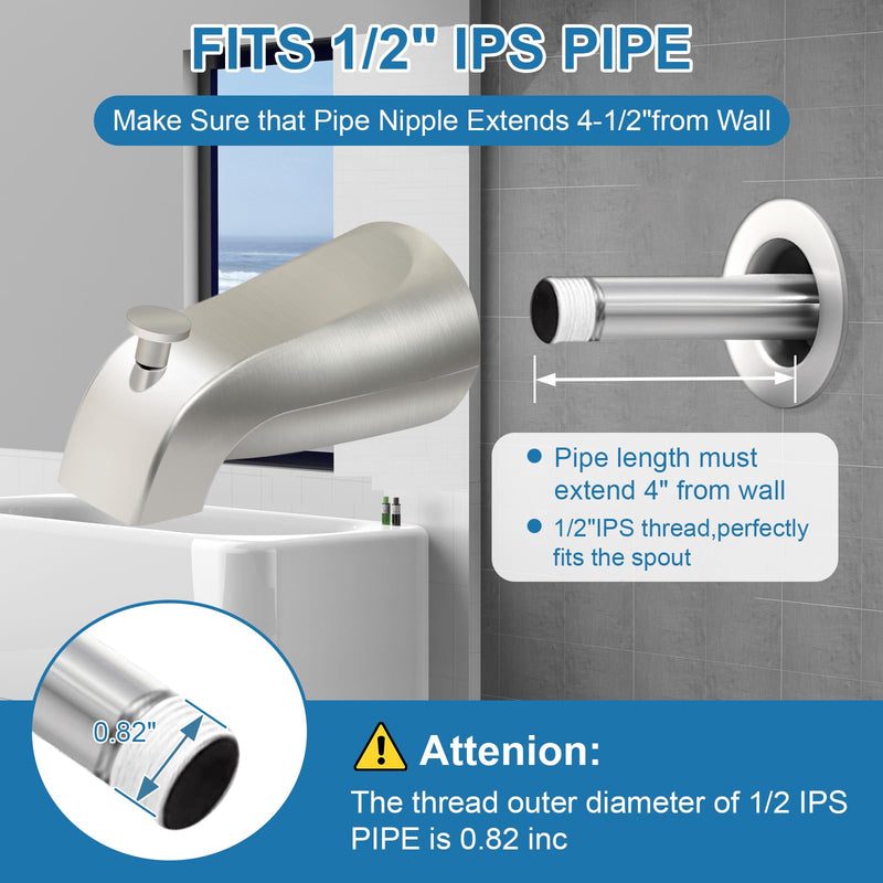 5 1/4 Inch Bathroom Brushed Nickel Tub Spout with Diverter, for 1/2'' IPS Inside Thread, Bathtub Faucet for Wall Front Mount, Bath Tub Faucet Compatible with Westbrass E531D-1F-62