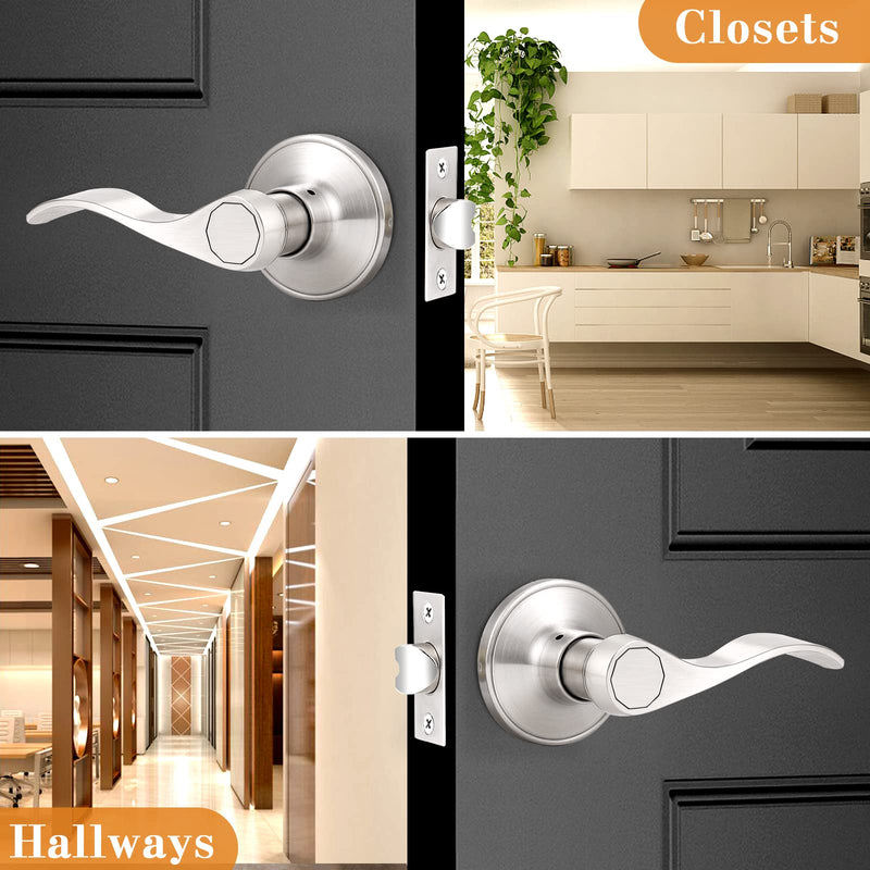 Probrico Wave Passage Door Lever Satin Nickel Keyless Handle for Hall and Closet, Interior Non-Locking Leverset 1