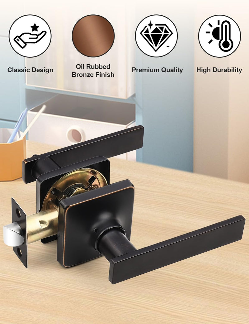 Mengico 2 Pack Passage Door Levers Oil Rubbed Bronze Finish, No-Locking Keyless Square Door Knob, Interior Door Handles for Closet and Hallway, Reversible for Left & Right Handed Passage Function - Keyless