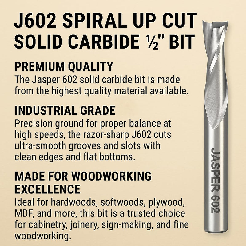 Jasper J602 Spiral Up Cut Solid Carbide ½” Router Bit – Precision Ground, Razor Sharp, Industrial Grade – ½” Shank, ½” Cutting Diameter – Designed for Jasper Circle Guides 300 & 300 PRO