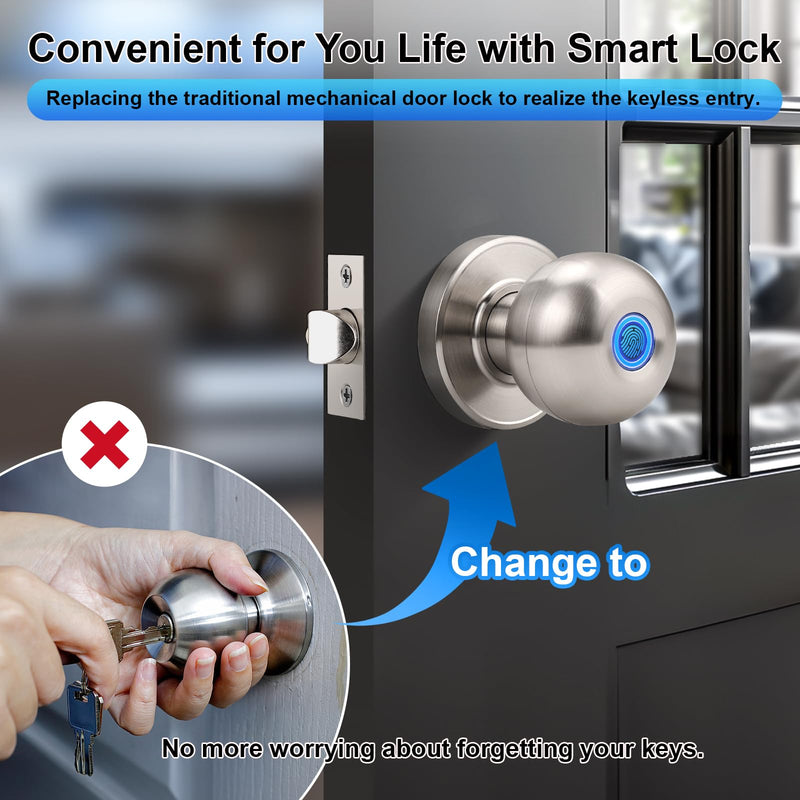 KNOBWELL Fingerprint Door Knob, Smart Door Knob with APP Control, Satin Nickel Keyless Entry Door Lock, Biometric Door Lock with Knob, Smart Lock for Bedroom Door Hotel Office Apartment