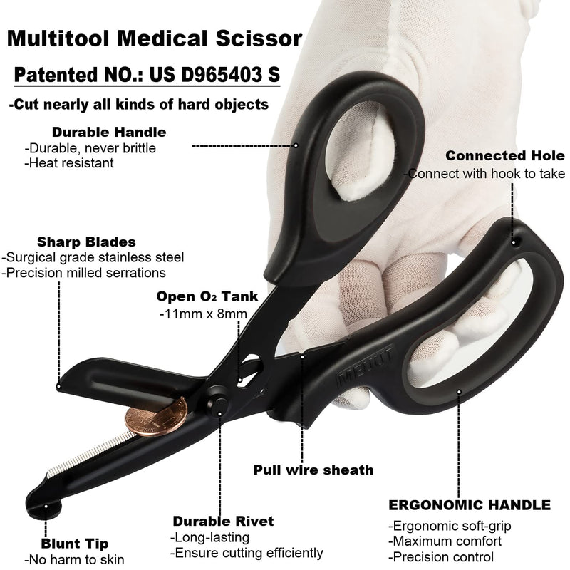 MEUUT 2 Pack Medical Scissors Trauma Shears for Nurses -Patented Bandage Scissors with Non-Stick Blades, Surgical Grade Shears Stainless Steel EMT Scissors for All Purpose Black+black