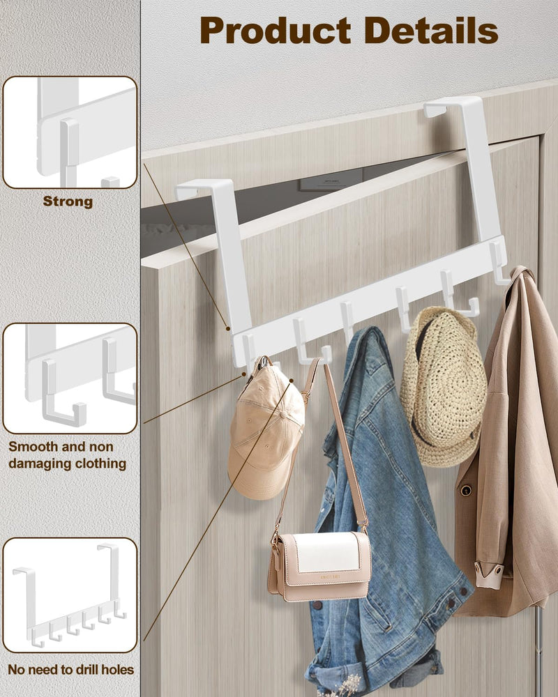 Over The Door Hooks, Sturdy Door Hanger, Large Over The Door Towel Rack with 6 Hooks, Heavy Duty Easy to Install, for Bathroom, Bedroom，Kitchen，Hanging Towels, Coats (White). 1 Pack White