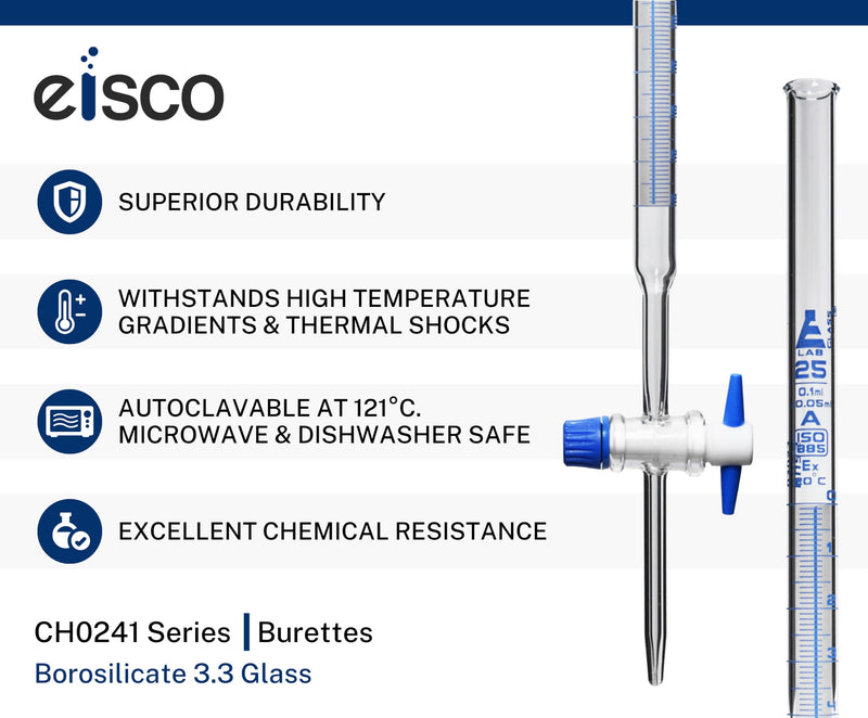 EISCO 25ml Schellbach Glass Burette - Class A - PTFE Stopcock