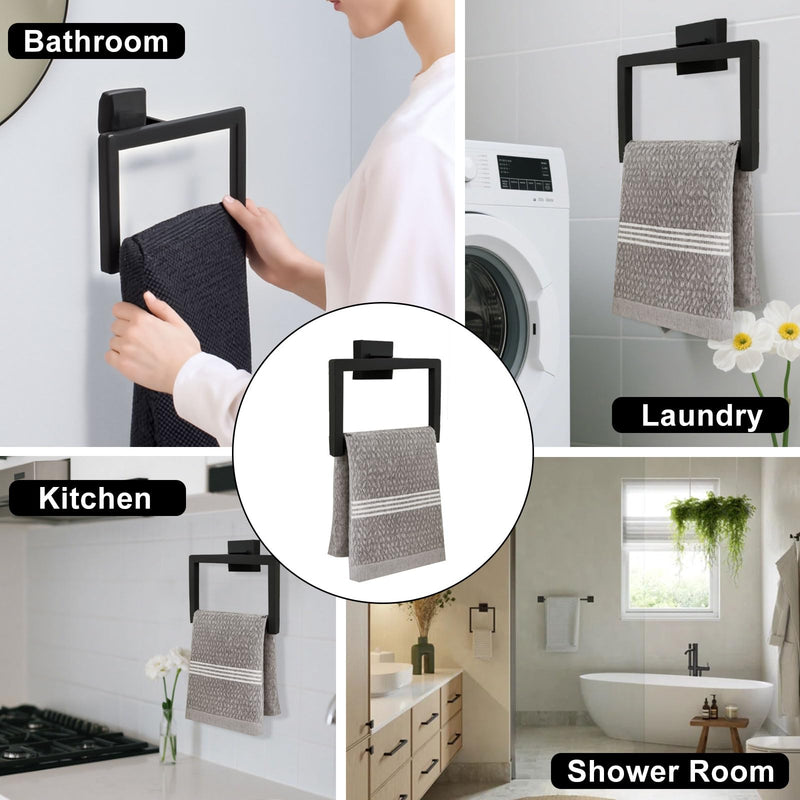Matte Black Towel Ring, 2 Pcs | Premium Stainless Steel, Sleek Square Design, Durable Wall-Mounted, Contemporary Bathroom