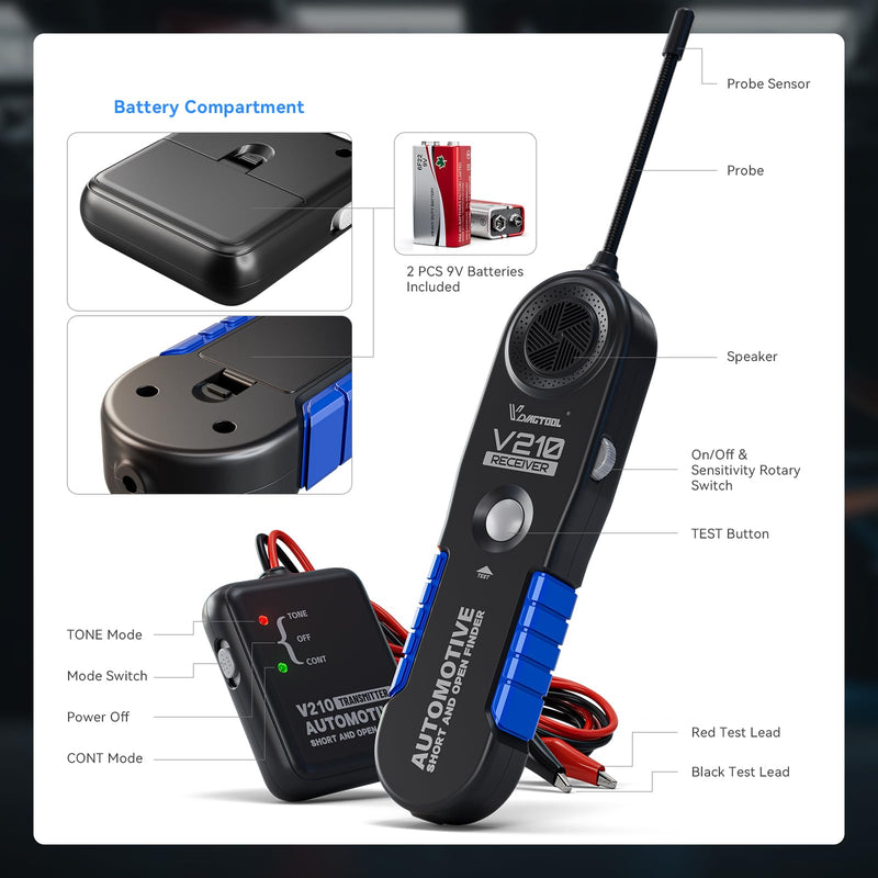 VDIAGTOOL V210 Automotive Electrical Open & Short Finder Circuit Tester Wire Breaker Finder Wire Tracer Fault Probe DC 6-42V