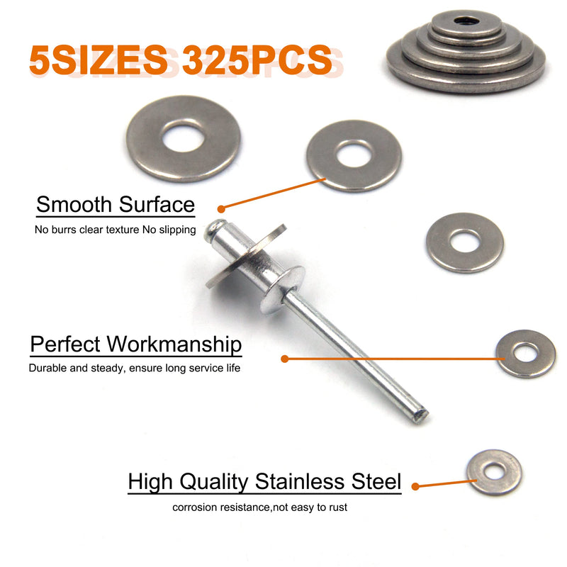 ISPINNER 325pcs Backup Rivet Washers Assortment Kit, Stainless Steel Washers for Blind Pop Rivets Diameter 3/32" 1/8" 5/32" 3/16" 1/4"(Silver) Silver