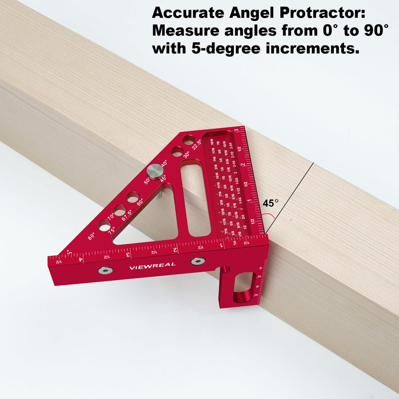 Premium Carpenter Square Hole Scribing Ruler Woodworking Square 22.5-90 Degree Measuring Ruler with Angle Pin,Versatile Multi Angle Square for Woodworking, Engineering, and Construction Red