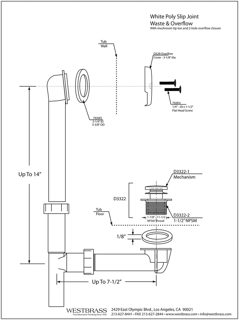 Westbrass A593244-07 14" x 1-1/2" White Tubular Bathtub Waste & Overflow Assembly with Tip-Toe Drain Plug and 2-Hole Faceplate, Satin Nickel 1 Pack