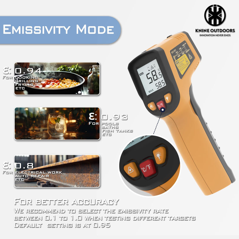 KNINE OUTDOORS Infrared Thermometer Laser Temperature Gun, -58℉ to 1112℉, Single Laser Targeting, Distance to Spot Ratio 12:1, for Cooking, Oven and Meat