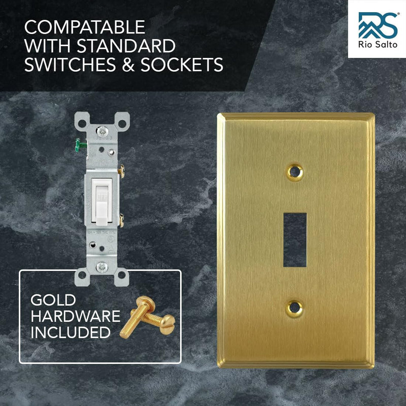 Rio Salto BRASS Modern Metal Gold Toggle Light Switch Covers Wall Plate Single Toggle Switch Wallplate Decorative Gold 1 Gang Wall Switch Plate Covers Genuine Brushed Brass Standard Size Toggle Switch 1-Gang (1-Pack)